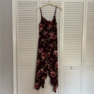 Row A Floral Burgundy Rose Romper with Napkin Hem Skirt Sweetheart Neckline Sz S